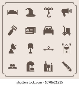 Modern, simple vector icon set with hat, cloakroom, kitchen, cafe, radio, speaker, circus, hanger, alcohol, hook, bedroom, west, campfire, megaphone, home, peeler, antenna, loudspeaker, double icons