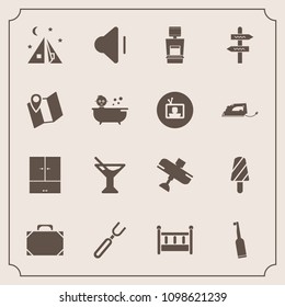 Modern, simple vector icon set with machine, fashion, ice, brush, flight, sound, restaurant, camp, cocktail, sign, fork, adventure, electric, plane, aircraft, cradle, up, toothbrush, leather icons