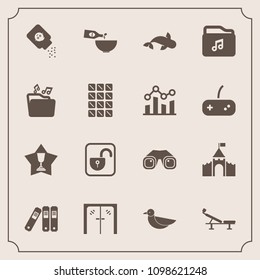 Modern, simple vector icon set with medieval, food, security, powder, dessert, fish, white, handle, seat, entrance, binocular, file, wildlife, unlock, folder, place, wine, baby, protection, door icons