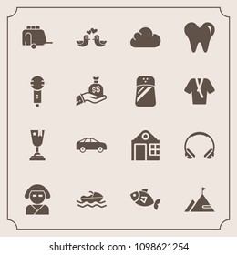 Modern, simple vector icon set with element, fish, pigeon, ship, first, animal, transportation, house, cloud, transport, seafood, estate, sound, japan, achievement, music, dove, beautiful, train icons