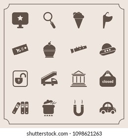 Modern, simple vector icon set with magnet, dinner, folder, unlock, office, transport, finance, file, faucet, store, sweet, open, transportation, star, glass, dish, zoom, truck, tap, bathroom icons