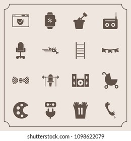 Modern, simple vector icon set with security, sand, elegance, technology, sandbox, cinema, pram, speaker, fashion, child, music, stroller, baby, equipment, plug, art, game, play, phone, web, bow icons