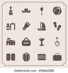 Modern, simple vector icon set with shop, alcohol, headwear, game, drink, jacket, bag, food, glass, clothing, bucket, dessert, football, cocktail, circus, house, machine, oxygen, fashion, sport icons