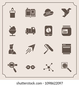 Modern, simple vector icon set with appliance, education, tool, sunglasses, find, technology, paint, ufo, brush, molecule, fire, restaurant, travel, book, candle, paper, atom, textbook, roller icons