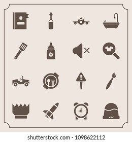 Modern, simple vector icon set with bathroom, medicine, mark, departure, hat, paint, launch, exclamation, tool, laboratory, plate, clothing, fashion, cap, technology, flight, crown, watch, kid icons