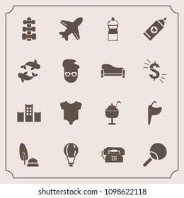 Modern, simple vector icon set with table, food, kid, flight, faucet, tap, ice, fitness, child, white, bathroom, leisure, baby, clothes, dessert, phone, black, water, aircraft, broom, parachute icons