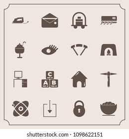 Modern, simple vector icon set with desk, security, work, baggage, bellboy, real, hammer, estate, play, envelope, kid, bowl, communication, cream, sign, web, empty, mail, childhood, download icons