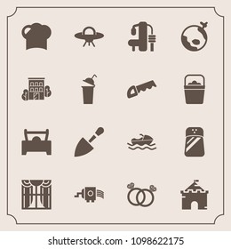 Modern, simple vector icon set with tower, cooking, window, shovel, sea, ocean, ufo, tool, romance, vessel, cheese, building, medieval, wedding, gym, curtain, space, exercise, pepper, boat, food icons