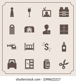 Modern, simple vector icon set with vehicle, jam, technology, tv, jar, food, jacket, vest, chess, liquid, screen, cradle, cabinet, bucket, king, strategy, home, dollar, bottle, tool, piece, game icons