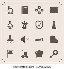 Modern, simple vector icon set with warehouse, cooking, flag, volume, hat, music, mute, baby, food, cargo, rattle, child, lamp, game, biology, sound, infant, chef, nation, technology, white, toy icons