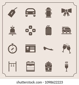 Modern, simple vector icon set with alert, french, suit, red, hydrant, tie, department, oven, footwear, drink, car, snack, map, notification, sign, water, alarm, safety, kitchen, potato, athlete icons
