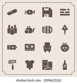 Modern, simple vector icon set with ball, retro, house, full, audio, electricity, paint, kid, cassette, baby, roll, white, music, computer, clothes, roller, pill, table, cone, business, diskette icons