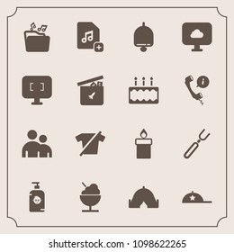 Modern, simple vector icon set with fashion, cloud, adventure, decoration, happy, call, food, dinner, fork, candle, flame, cap, technology, restaurant, clothing, travel, child, icecream, shirt icons