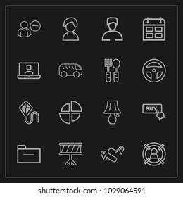 Modern, simple vector icon set on dark background with delete, position, folder, travel, sky, graph, drum, internet, music, instrument, sound, account, bulb, target, button, document, buy, user icons