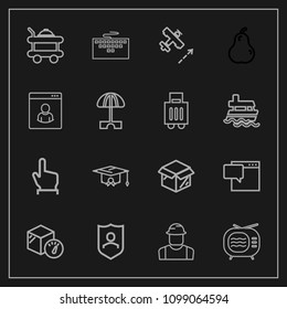 Modern, simple vector icon set on dark background with touch, button, construction, travel, protect, room, box, computer, new, university, protection, worker, airplane, education, television, tv icons