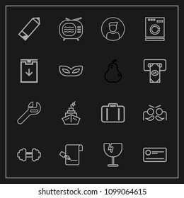 Modern, simple vector icon set on dark background with gym, tv, machine, crash, festival, appliance, antenna, finance, glass, airport, laundry, , spanner, luggage, money, television, carnival icons