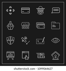 Modern, simple vector icon set on dark background with wooden, protection, debit, protect, internet, banking, airplane, arrow, travel, happy, transportation, pay, sign, button, train, character icons