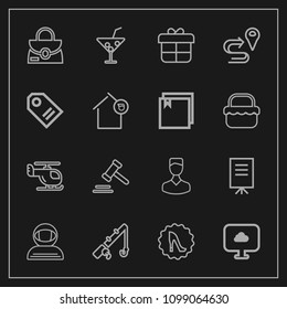 Modern, simple vector icon set on dark background with leather, businessman, transportation, circle, cocktail, astronaut, transport, rod, meeting, spacesuit, human, holiday, juice, glass, sky icons