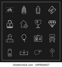 Modern, simple vector icon set on dark background with forest, lamp, female, balloon, luxury, bike, home, cooler, spy, fan, sign, hotel, room, transportation, bicycle, internet, metal, tag, air icons