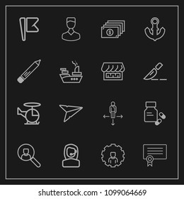 Modern, simple vector icon set on dark background with ship, cash, internet, air, anchor, diploma, money, send, avatar, computer, vitamin, helicopter, call, flag, human, road, email, national icons