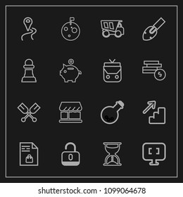 Modern, simple vector icon set on dark background with route, road, truck, flag, protection, hour, time, laboratory, shopping, moon, laptop, unlock, up, computer, downstairs, planet, lock, canoe icons