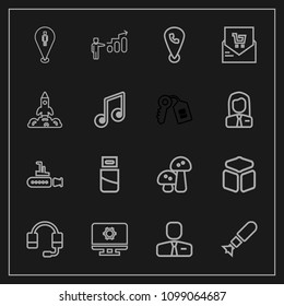 Modern, Simple Vector Icon Set On Dark Background With Boat, Bomb, Computer, Mobile, Nuclear, Microphone, Undersea, Bill, Development, Headset, White, Pin, People, Phone, Plug, Cube, Cable, Sea Icons