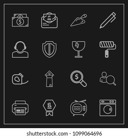 Modern, simple vector icon set on dark background with award, first, web, cash, tape, clean, friction, machine, place, construction, europe, finance, computer, architecture, electrical, tower icons