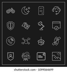 Modern, simple vector icon set on dark background with photo, call, man, bike, moon, paddle, shield, web, protection, cycle, bill, sky, finance, phone, tripod, scenery, upload, purse, travel icons