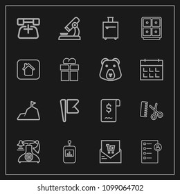 Modern, simple vector icon set on dark background with nature, button, hair, sign, supermarket, business, phone, list, bill, bag, mountain, professional, control, remote, sale, biology, national icons