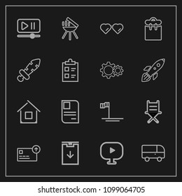 Modern, simple vector icon set on dark background with video, estate, barbecue, button, building, person, interface, furniture, web, card, meat, download, media, armchair, road, sign, transport icons