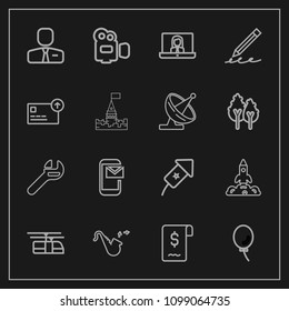 Modern, simple vector icon set on dark background with handle, air, communication, space, people, holiday, job, jazz, tool, spanner, mail, science, pencil, employer, launch, film, musical, train icons