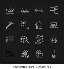 Modern, simple vector icon set on dark background with people, air, meeting, fashion, web, male, electric, sign, box, statistic, thermometer, fahrenheit, morning, report, house, sunrise, scale icons
