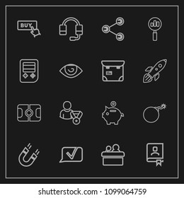 Modern, simple vector icon set on dark background with stadium, investment, chat, communication, technology, office, call, weapon, pole, presentation, web, online, falling, magnetic, button, war icons
