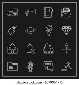 Modern, simple vector icon set on dark background with way, forest, place, checklist, bubble, paper, law, tower, travel, blank, web, legal, lorry, truck, property, arrow, vehicle, nature, chat icons