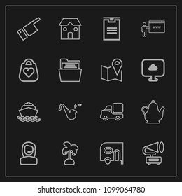 Modern, simple vector icon set on dark background with delivery, music, showing, box, kitchen, gramophone, construction, jazz, car, sea, trumpet, musical, building, vintage, tropical, transport icons