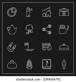 Modern, simple vector icon set on dark background with male, leather, property, object, beach, lighthouse, house, style, luggage, suitcase, bag, old, science, graph, fashion, lamp, metal, man icons