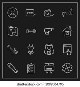 Modern, simple vector icon set on dark background with wood, checklist, development, list, electrical, vision, wild, friction, baseball, insulating, mouse, equipment, spy, swimsuit, sport, sign icons