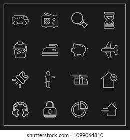 Modern, simple vector icon set on dark background with rail, graph, bus, technology, business, movie, highway, hand, unlock, antenna, radio, move, security, projector, owner, pointing, house icons