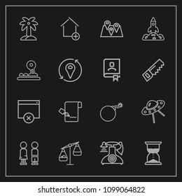 Modern, simple vector icon set on dark background with tropical, measurement, sign, sand, map, bomb, call, hour, space, weapon, list, leaf, war, new, summer, pen, boy, girl, scale, home, paper icons
