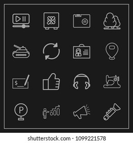 Modern, simple vector icon set on dark background with web, bugle, trumpet, player, pen, interface, pay, machine, security, folder, voice, audio, road, business, sound, sewing, personal, sew icons