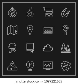Modern, simple vector icon set on dark background with buy, education, south, cart, love, compass, urban, lot, magnetic, market, doctor, building, communication, direction, forest, necklace, car icons