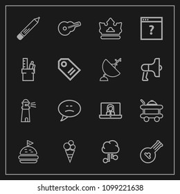 Modern, simple vector icon set on dark background with hotel, musical, web, folk, guitar, work, lighthouse, water, pen, music, video, room, equipment, bread, bed, crown, royal, pencil, white icons
