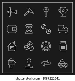Modern, simple vector icon set on dark background with ventilator, arrow, paper, architecture, replacement, customer, airplane, stamp, estate, equipment, replace, marketing, concept, way, air icons