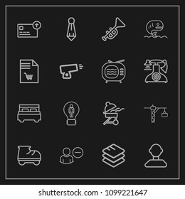 Modern, simple vector icon set on dark background with jazz, currency, barbecue, money, finance, fish, bbq, construction, musical, profile, fashion, internet, account, trumpet, beautiful, roller icons