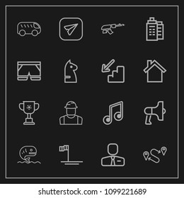 Modern, simple vector icon set on dark background with job, musical, winner, construction, note, fish, championship, bus, seafood, blue, destination, sea, cup, builder, travel, employee, speaker icons