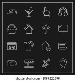 Modern, simple vector icon set on dark background with sound, finger, cap, real, food, glass, park, tape, communication, summer, picnic, fashion, audio, hand, estate, grass, juice, satellite icons