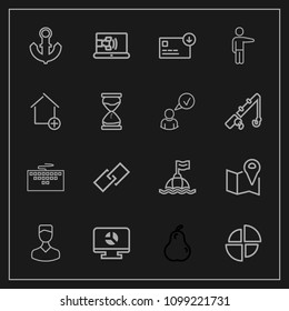 Modern, simple vector icon set on dark background with fruit, life, web, bag, infographic, link, pin, graph, money, food, map, call, buoy, people, pie, fresh, sea, business, online, white, sack icons
