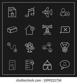 Modern, Simple Vector Icon Set On Dark Background With Screen, Financial, Hanger, Package, Airplane, Tent, Doorknob, Shopping, Note, Dont, Delivery, Finance, Chat, Map, Market, Speech, Win, Camp Icons