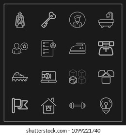 Modern, simple vector icon set on dark background with flag, light, white, exercise, fitness, security, replacement, water, boat, sea, online, architecture, communication, energy, electric, lamp icons