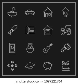 Modern, simple vector icon set on dark background with online, guitar, architecture, phone, web, music, sound, construction, concert, tap, planet, laboratory, mobile, hammer, finance, animal icons